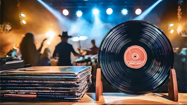 a vinyl record on display while a band plays a concert in the background
